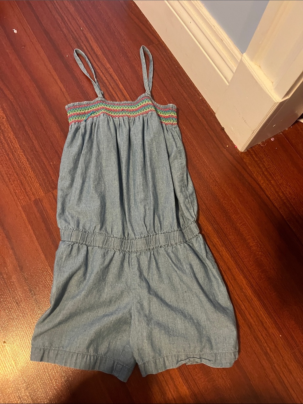 The Children's Place Light Blue Chambray Romper with Multicolor Smocking
